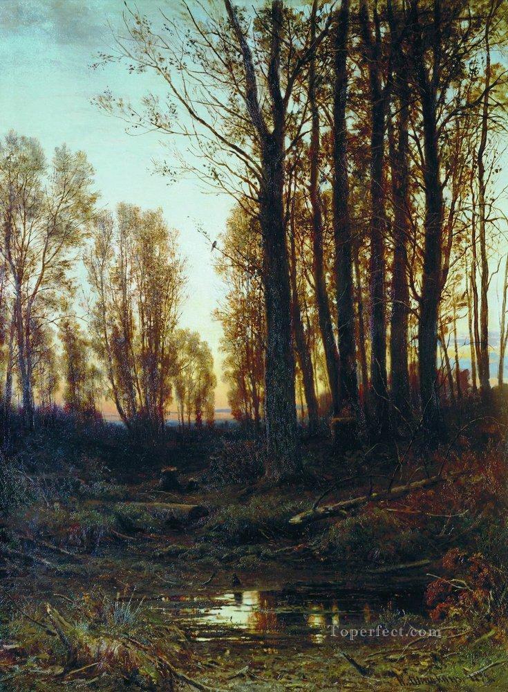 日没後の夕暮れ 1874 年の古典的な風景 イワン・イワノビッチの木々油絵